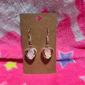 Clear and Pink Chunky Heart Silver Drop/Dangle Earrings